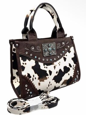 Cowhide Pattern Brown Trim Satchel Handbag